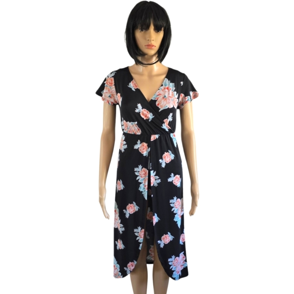 3/25$ Floral Faux Wrap Dress With  Built-in-short,Black and Pink,Size M( Girls)